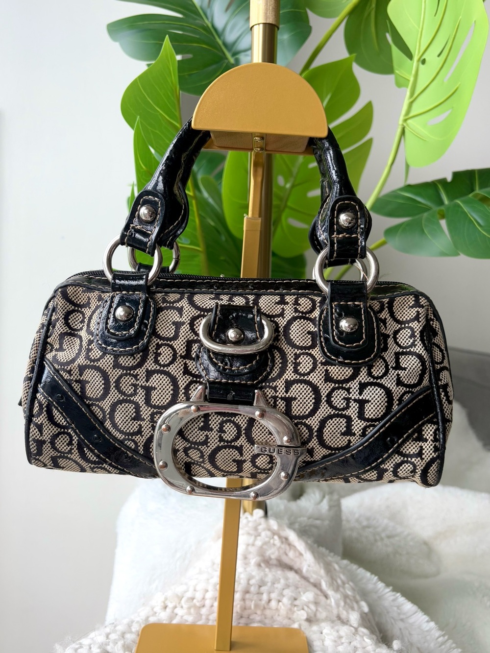 RARE Vintage Y2K GUESS Gloss Mini Monogram Bowler Bag Ostrich McBling